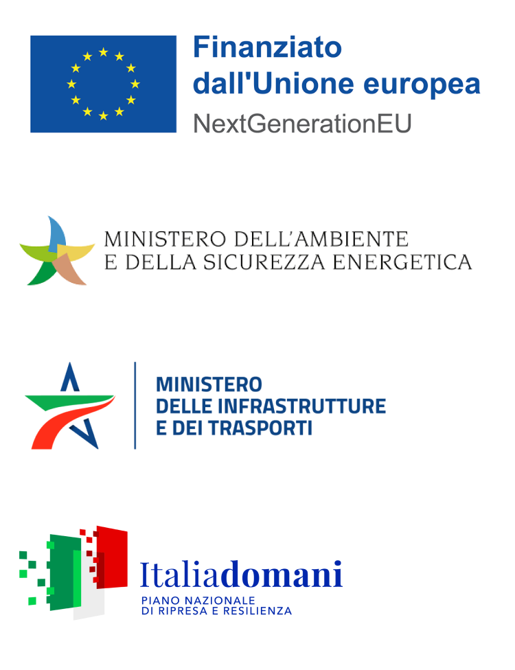 "Quattro loghi allineati verticalmente. Da sinistra a destra: Il logo dell'Unione Europea, composto da un cerchio di stelle gialle su sfondo blu, accompagnato dal testo: 'Finanziato dall'Unione europea NextGenerationEU'. Il logo del 'Ministero dell’Ambiente e della Sicurezza Energetica', caratterizzato da un disegno stilizzato colorato con tonalità di verde, blu, arancione, e rosso. Il logo del 'Ministero delle Infrastrutture e dei Trasporti', con un disegno stilizzato che combina i colori verde, bianco e rosso, accanto al testo: 'Ministero delle Infrastrutture e dei Trasporti'. Il logo 'Italiadomani', rappresentato da un tricolore italiano stilizzato formato da quadrati, e accompagnato dalla scritta: 'Piano Nazionale di Ripresa e Resilienza'."